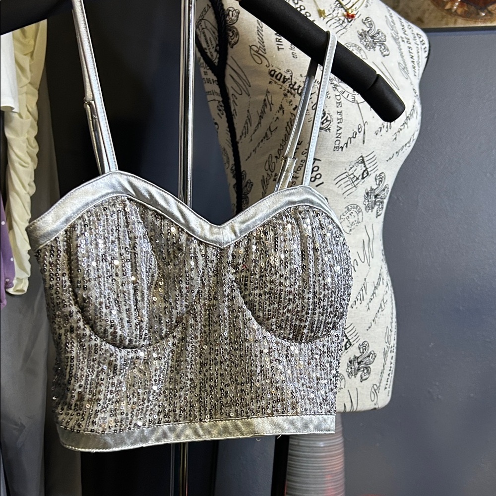Silver Sequin Bustier Crop Top - Unbranded